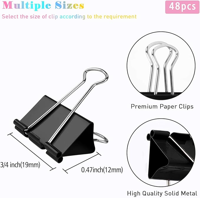 Small Binder Clips, 48 Pack, 3/4 Inch, Standard 19mm, Black, Capacity 0.31 Inch, Mini Paper Clips, Fold Clamp, Office and School Supplies