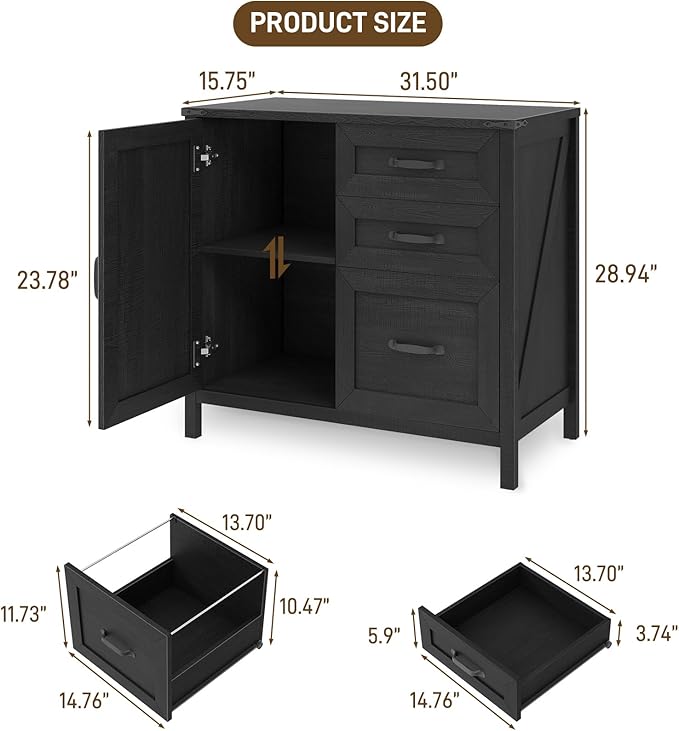 Lateral File Cabinet with 3 Drawers, Farmhouse File Cabinet for Letter/A4 Size Hanging Files, Large Wood File Storage Cabinets Printer Stand for Home Office Furniture, Black