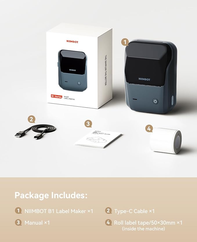 NIIMBOT B1 Label Maker Machine with Tape, 2 Inch Portable Label Printer, Bluetooth Thermal Label Printer with Multiple Templates for Small Business,Office,Home,School (Blue, 1 Printer+1 Roll Label)