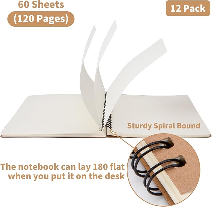 12 Pack Unlined Spiral Notebook- A5 Blank Journal, Unlined Notebook, Soft Cover Kraft Journal for Drawing, Writing, Office Supplies, School Supplies- 60 Sheets/120 Pages- 8.2 x 5.8