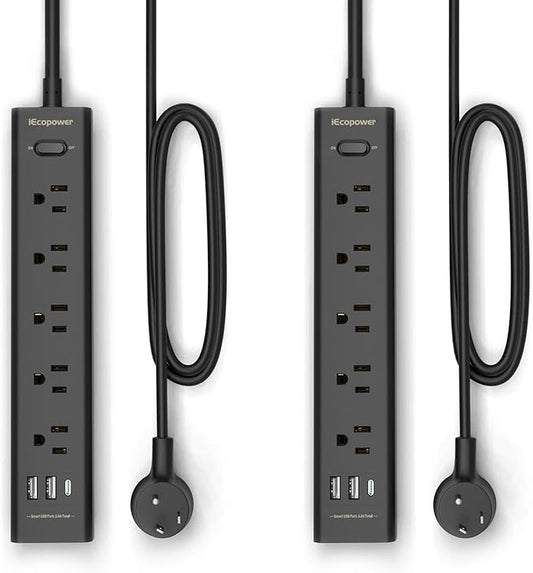 10FT Long Surge Protector Power Strip-with 5 Widely Outlets and 3 USB Ports(1 USB C Port),10 Foot Extension Cord(1250W/10A),Wall Mount for Home Office,700 J,Black(2 Pack)