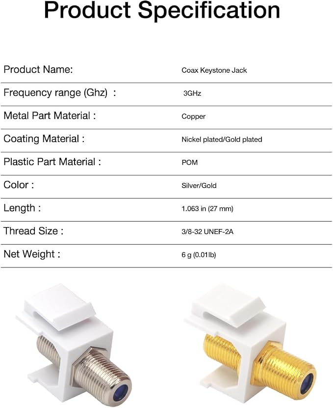 VCE 3GHz Coax Keystone Jack Insert Coaxial Cable Connector, F-Type RG6 Cable - Image 5