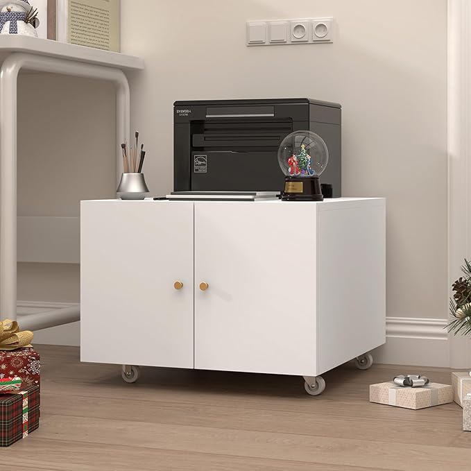 Under Desk Printer Stand with Wheels, Low Printer Stand Storage, Filing Cabinet with Paper Storage Shelf, File Carts with 2 Doors, Mobile Printer Holder for Home Office, School, White