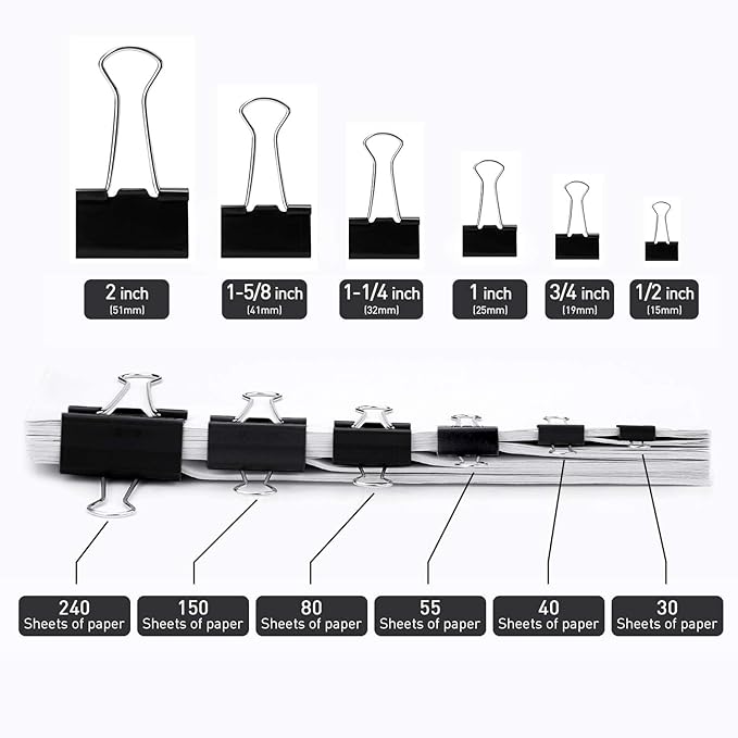 Medium Binder Clips, 72 Pack, 1-1/4 Inch, 1.25 Inch, Standard 32mm, Black, Capacity 0.6 Inch, Metal Paper Clips, Fold Clamp, Office Clips, School & Home Use