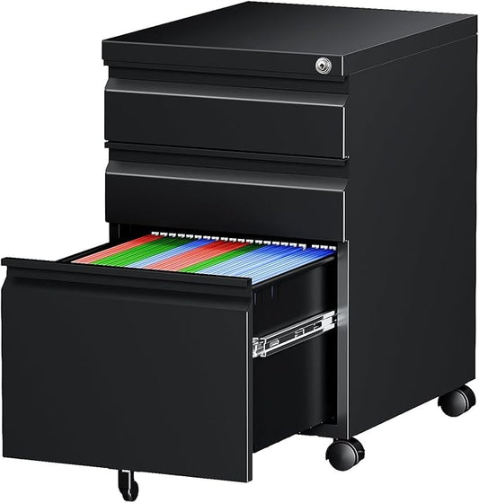 Letaya 3 Drawer Mobile File Cabinet with Lock, Under Desk Metal Rolling Filing Cabinets for Home Office Organizer Letters/Legal/A4 (Black- Requires Installation) (Black)