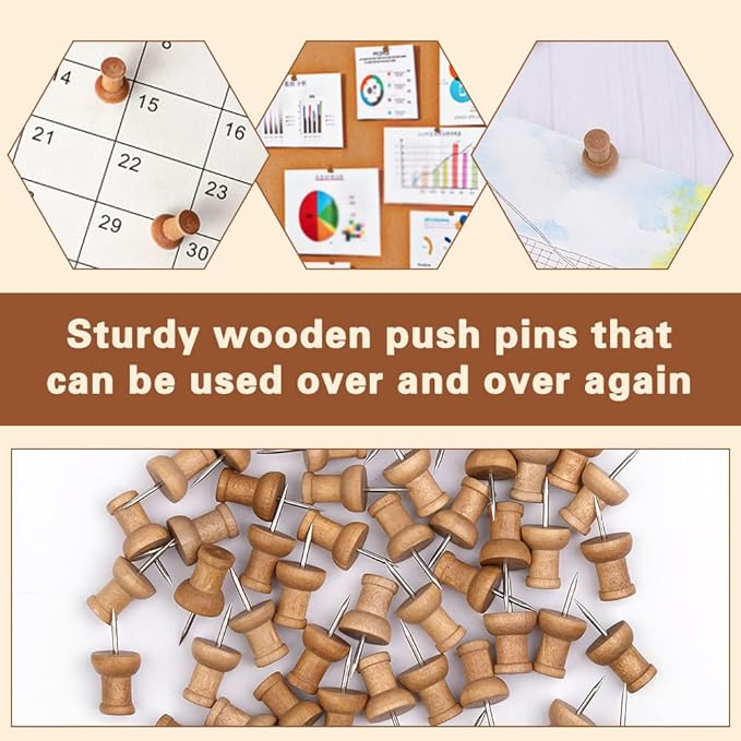 50 Pcs Wooden Push Pins, Decorative Thumb Tacks, Push Pins for Cork Board Head Pin Wood Map Tacks Marking Pin, Wood Thumb Tacks Decorative for Bulletin Boards Craft Projects with Storage Box, Coffee