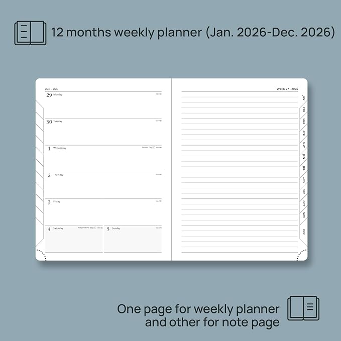 POPRUN Weekly Planner 2026 (Medium 6.5" x 8.5") Calendar 12 Months Notebook with Horizontal Layout, Leather Soft Cover, Monthly Tabs, Inner Pocket, 100GSM Thick Paper, Pen Holder - Claret