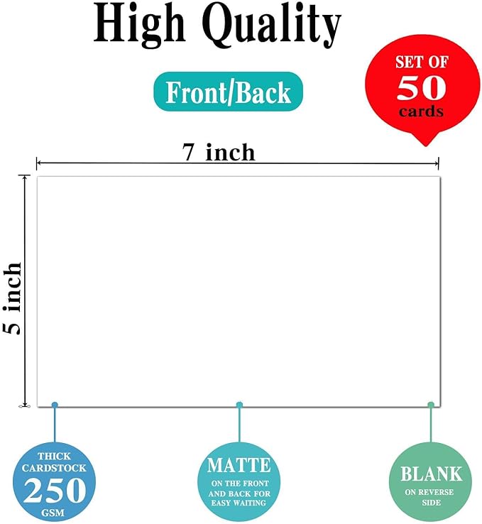 5x7 Blank White Cardstock Paper (Set of 50) Thick Paper - 80lb Flat Cards Stock Printer Paper for Make Your Own DIY Invitations, Note, Greeting, Table Cards - Writing, Stamping,Painting, Drawing