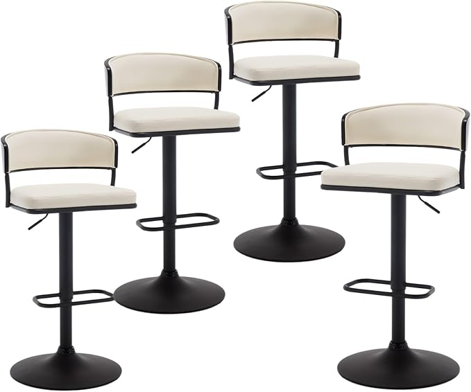 Adjustable Modern Bar Stools Set of 4 Faux Leather Barstools Swivel Counter Height Bar stools with Curved Back/Black Metal Base Comfy Upholstered Bar Chairs for Kitchen Island, Beige