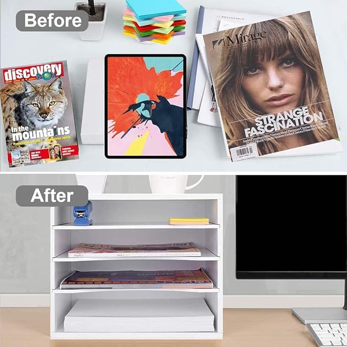 Paper Organzier Wood Desktop Organizer Storage Letter Tray File Sorter with Adjustable Shelves for Home Office