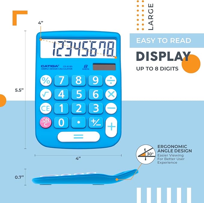 CATIGA Desktop Calculator 8 Digit with Solar Power and LCD Display, Big Buttons, for Home, Office, School, Class and Business, 4 Function Small Basic Calculators for Desk, CD-8185