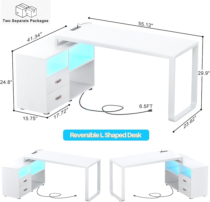 Homieasy L Shaped Desk with File Cabinet & Power Outlet, Reversible 55 Inch Large Corner Computer Desks with LED Strip, L-Shaped Desk with Drawers and Storage Shelves for Home Office, White