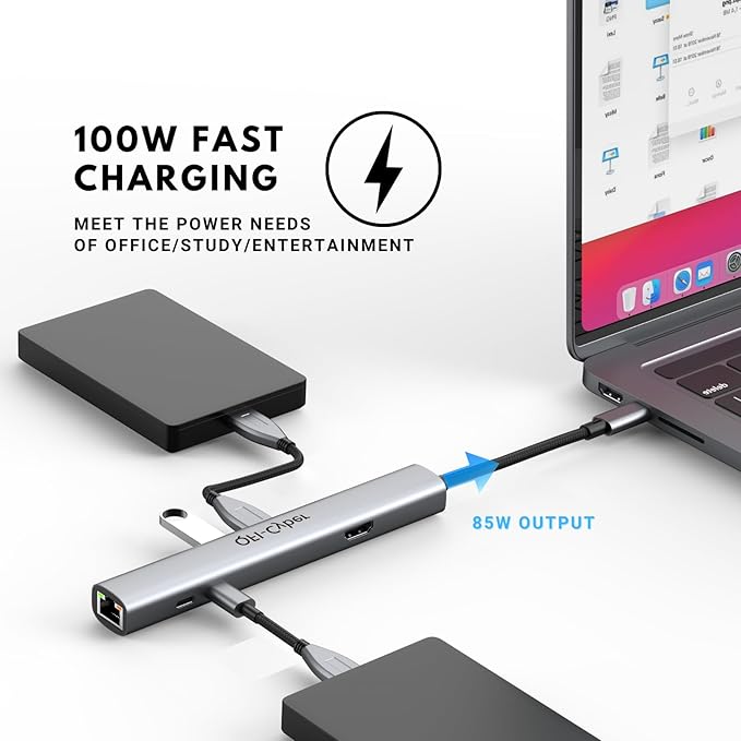 6-in-1 USB C Hub, Ethernet Multiport Adapter, USB C to HDMI Dock with 4K@60HZ HDMI, 2*USB 3.1 Gen 2, 10Gbps Data, RJ45, 100W PD for MacBook Pro/Air, Chromebook, Dell XPS, HP and More