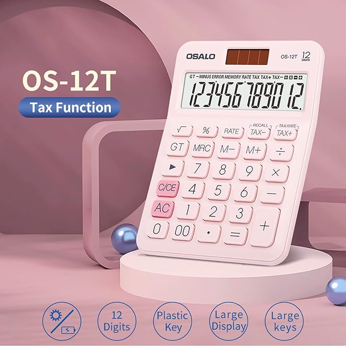 Pocket Small Size Desk Calculator, 12 Digit Large LCD Display, Basic Tax Function Handheld Desktop Calculator with Solar Battery Dual Power, Perfect for Office, School, Business OS-12T (Pink)