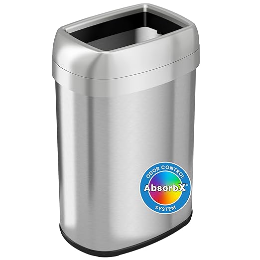iTouchless 13 Gallon Open Top Kitchen Trash Can Recycling Bin with Double Odor Filters, Oval Commercial Grade Stainless Steel Trashcan for Home Office Work Bedroom Living Room Garage