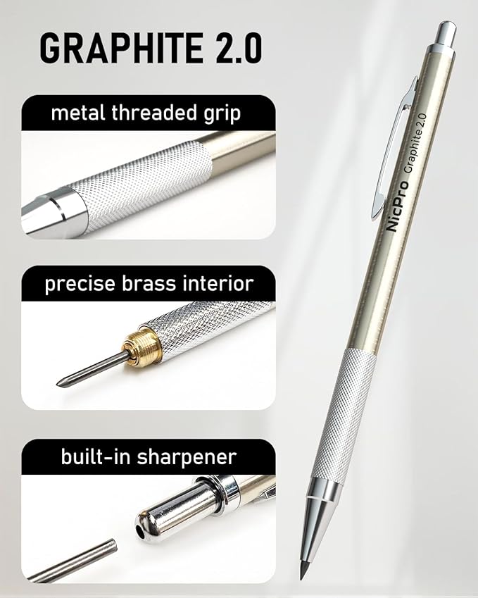 Nicpro 5 PCS Art Mechanical Pencils Set, Metal Drafting Pencil 0.3 & 0.5 & 0.7 & 0.9 & 2mm Graphite Lead Holder(4B 2B HB 2H Colored) for Sketching Drawing With Lead Refills Eraser Case