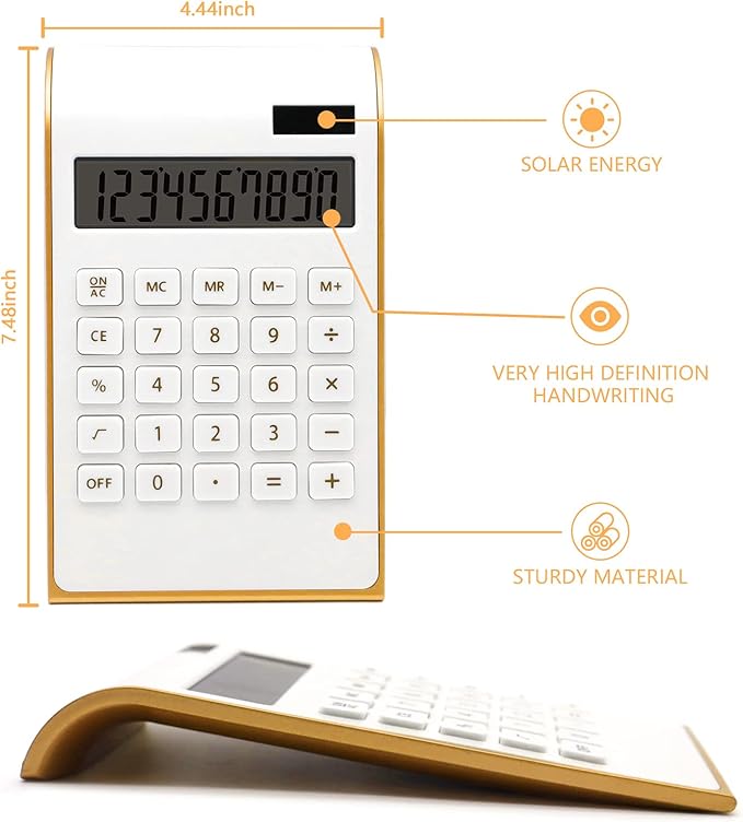 Calculator, 10 Digits Solar Battery Basic, Dual Powered Desktop Calculator, Tilted LCD Display, Inclined Design Slim Desk Calculator by Sportsvoutdoors (White)