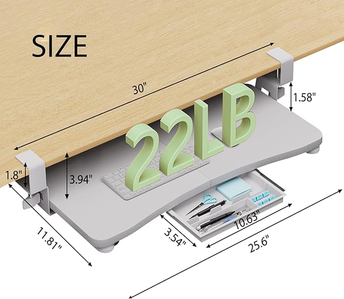 Desktop Keyboard Tray, Under Desk Pull Out,25.59" X 11.81" Large Size Radian Keyboard Tray with C-Clip Mount, Easy Installation, Computer Keyboard Stand, for Home Study and Office(White)