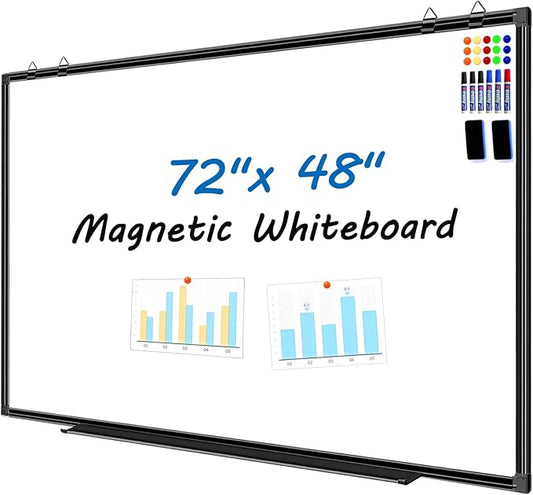 H-Qprobd 6'x4' Large Magnetic White Board Dry Erase Whiteboard with Black Aluminum Frame, 72"X48" Magnet Presentation Wall Boards for Office, Classroom, School, Home
