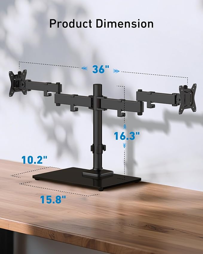 HUANUO Freestanding Dual Monitor Stand, 32 Inch Dual Monitor Mount for 2 Screens, Holds up to 22 lbs per Arm, Monitor Arm Riser with Tempered-Glass Base, Tilt, Swivel, Rotation, Black