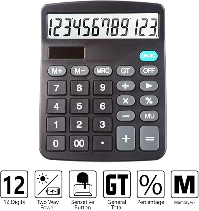 5 Pack Calculators Large Display for Desk, Solar Calculator, Basic 12 Digit Big Button Office Calculator(Black)(AA Battery Included)