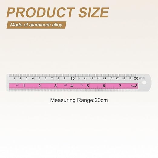 HARFINGTON 2pcs Metal Straight Ruler 20cm Metric SAE Aluminum Alloy Measuring Rulers Scale Tools with Hole for Measure Study Reading Classroom Office, Pink