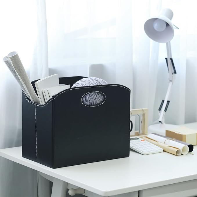 EZDeco Magazine Holder Foldable Magazine Rack Floor PU Leather File Holder Newspaper Book Storage Basket Document File Folder Organizer for Office Home