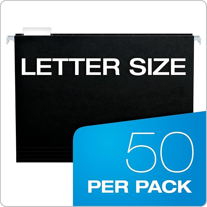 Pendaflex Black Hanging File Folders, 8.5 X 11 Letter Size with 1/5 Cut Adjustable Tabs - 50 Pack