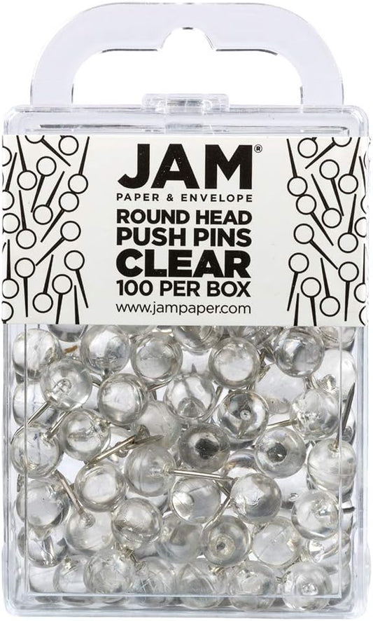JAM PAPER Colorful Push Pins - Round Head Map Thumb Tacks - Clear Pushpins - 100/Pack
