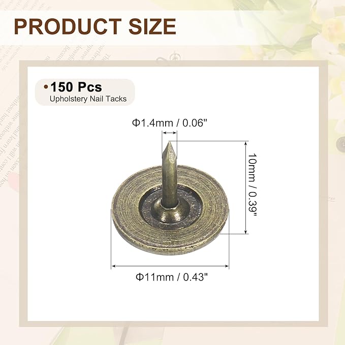 uxcell 150Pcs Upholstery Tacks, 11mmx10mm Flat Head Thumb Tack Decorative Furniture Nails Push Pins for Furniture Sofa Headboards, Bronze
