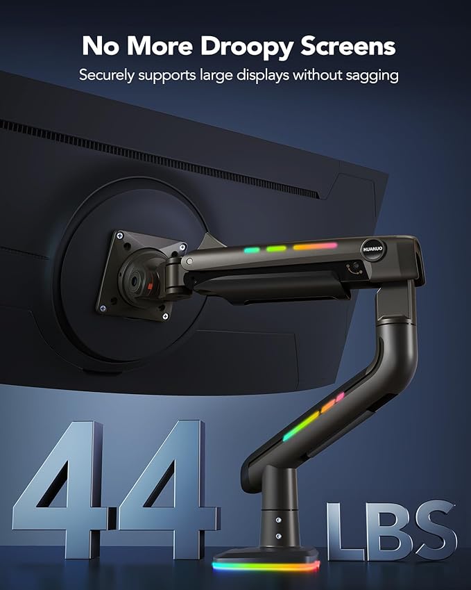 HUANUO RGB Monitor Arm for Ultrawide Screens up to 57″, Heavy-Duty Single Mount Holds 44 lbs, Fully Adjustable Gaming Monitor Arm with C-Clamp & Grommet Base, Max VESA 100 x 100mm