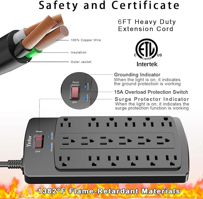 6FT Yintar Surge Protector Power Strip - Flat Plug Extension Cord with 18 AC Outlets for Home, Office, Dorm Essentials, 2100 Joules, ETL, Black
