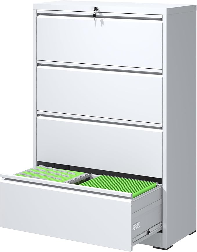 File Cabinets 4 Drawer,Metal Office Storage Filing Cabinet with Lock,White Lateral Filing Cabinet for Home Office,Horizontal Locking File Cabinets for Legal/Letter/A4,Assembly Require,White