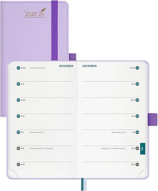 BEZEND Pocket Planner 2025-2026 Weekly with 2 Columns, 18-Month Academic Calendar (Jul 25-Dec 26), Life Work Appointment, Storage Pocket, Pen Holder, PU Leather Hardcover 3.5" x 6" - Lilac