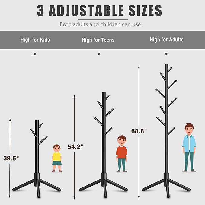 Wooden Coat Rack, Free Standing Coat Rack with 8 Hooks 3 Adjustable Heights for Clothes, Hats, Handbags, Coat Tree Easy Assembly for Entryway, Bedroom, Hallway, Office (New Black)