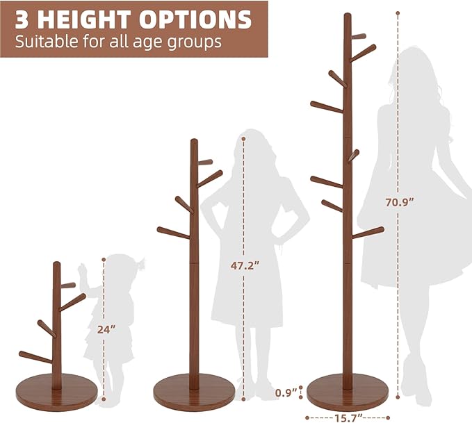 Uniclinens Coat Rack Freestanding Solid Wood Coat Tree Standing with 8 Hooks, Coat Rack Stand Creative Tree Branch-Look (Walnut)