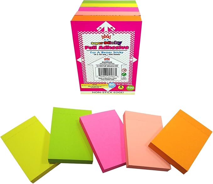 Full Adhesive Sticky Notes 3 x 2 in, Bright Colors, Colorful Small Sticky Notes Full Adhesive Back Self-Stick Note Pads for Office, School Supplies, 80 Sheets/Color, 5 Colors/Pack, 400 Sheets Total