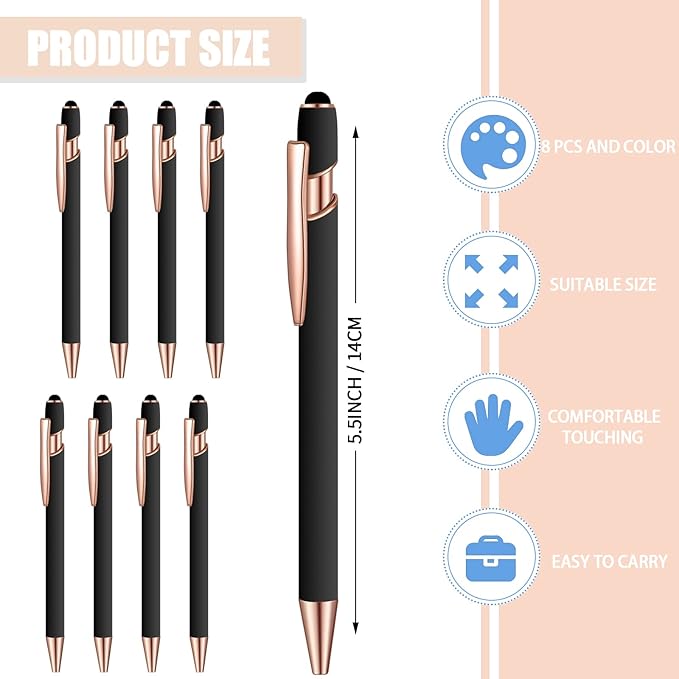 8 Pcs Blue Ink Ballpoint Pen with Stylus Tip 2 in 1 Stylus Ballpoint Pen Metal Pens Stylus Pen for Touch Screens School Office Coworkers (Black Rose Gold)