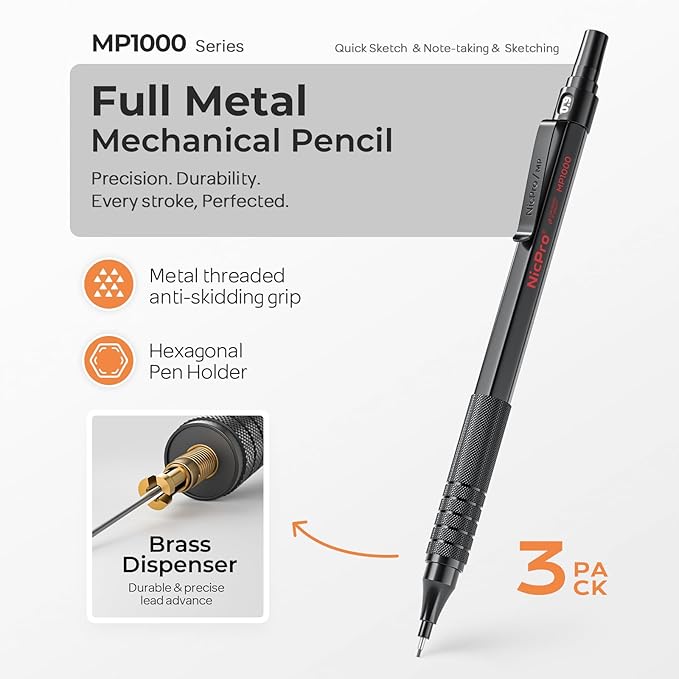 Nicpro 0.9 Metal Mechanical Pencil Set with Case, 3PCS Black MP1000 0.9mm Drafting Pencil, 8 Tubes HB Lead Refills, 3PCS Erasers, Erasers Refills for Artist Writing, Drawing, Sketching