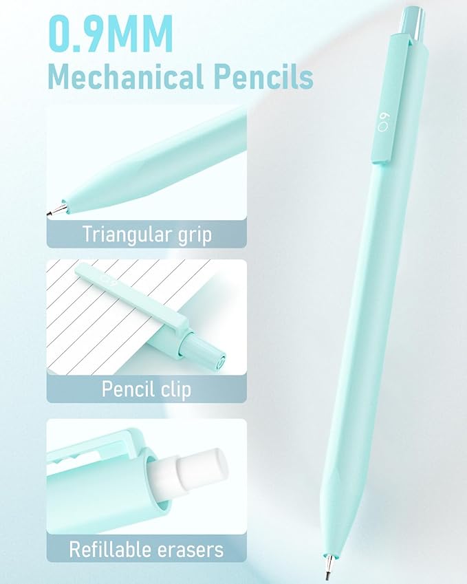 6PCS 0.9mm Mechanical Pencils Set with Case, Cute Pastel Mechanical Pencil with 160PCS HB Lead Refills, 3 Erasers, Aesthetic Back to School Supplies for Student Writing Drawing Sketching