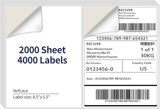 8.5" x 5.5" Half Page Self Adhesive Shipping Label, Compatible Laser & Inkjet Printers, White, 2 Labels Per Sheet(2000 Sheet 4000 Labels)