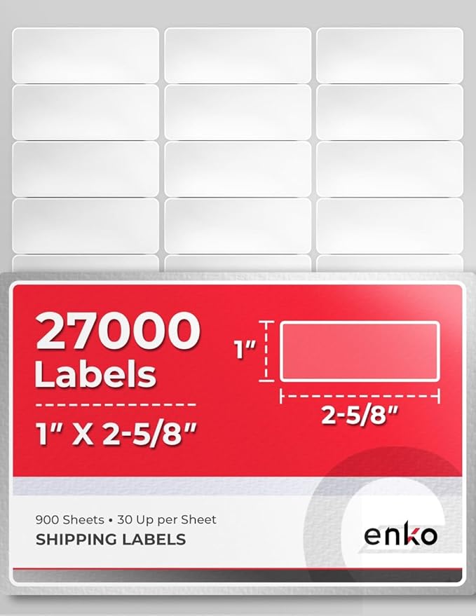 enKo 1 x 2-5/8 Inch 30 Up Return Mailing Address Labels White Printable FBA Labels (900 Sheets, 27,000 Labels)