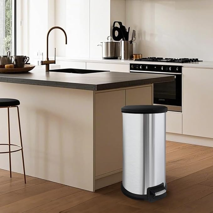 10 Gallon Stainless Steel Trash Can – Round Tall Design, Hands-Free Pedal, Liner-Free with Inner Ring Bag Holder, Rust-Proof for Kitchen, Office, or Bathroom (12.8" x 13.6" x 24")