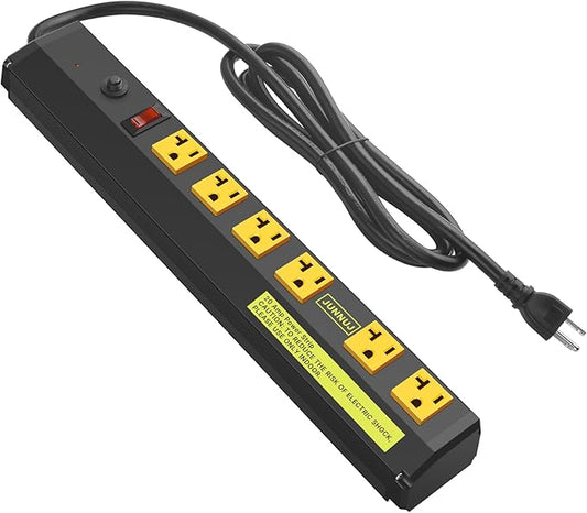 JUNNUJ Heavy Duty Metal Power Strip 20 Amp, High Amp Surge Protector 6 Outlet, 20A Power Strips Workshop Industrial Outlets Wide Spaced 6-20R T-Slot with Circuit Breaker, 12 Gauge Extension Cord 6ft