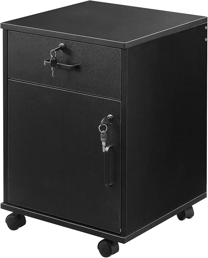CLIPOP Rolling Storage Cabinet with Drawer, Home Office Cabinet with Lock, Under Desk Storage Cabinet for Home Office, Black