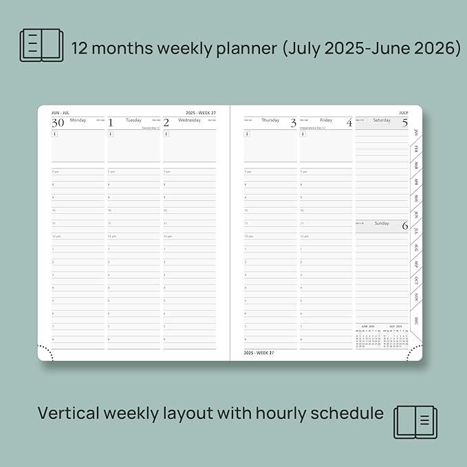 POPRUN Planner 2025-2026 (Medium - 6.5'' x 8.5'') Academic Weekly Calendar (July 2025 - June 2026) with Hourly Time Slots, Monthly Tabs, 100GSM Thick Papers, Leather Soft Cover - Brown