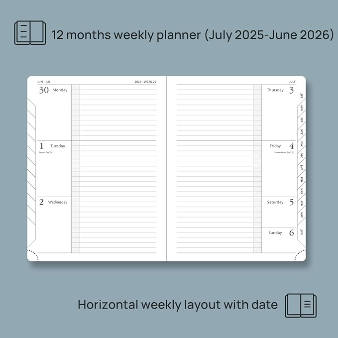 POPRUN Planner 2025-2026 (Medium 6.75''x 8.75''), Horizontal Weekly Notebook Jul.2025 - Jun.2026, Academic Appointment Book with Monthly Tabs, Leather Hardcover, Inner Pocket, 100 GSM - Aquamarine