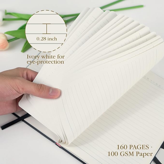 A5 Black Lined Journal Notebook - 100 GSM Thick Paper, 8 Pack Hardcover Journaling Notebooks for Writing, Work, Travel, College Ruled Journals for Women & Men, PU Leather Note Books, 5.5”x8.3”