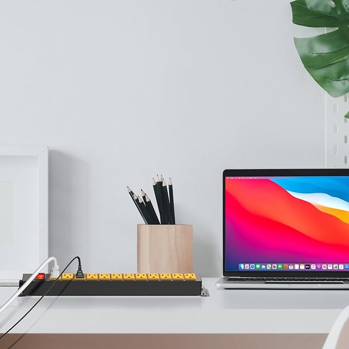 12 Outlet Heavy Duty Power Strip with 15A Circuit Breaker,Metal Wall Mount Power Strip for Garage Workshop Industrial 1200J 15A 125V 1875W 6ft Cord