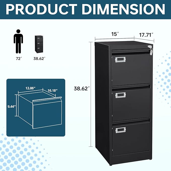 MIIIKO 3 Drawer File Cabinet, Black Metal Vertical Filing Cabinet with Lock, Home Office File Folders Storage Cabinet for Letter Legal A4 File Size